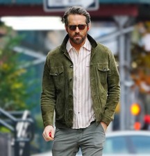 Camicia uomo pelle scamosciata verde oliva giacca sopracamicia stile bottoni con tasche