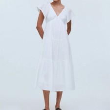 NWT Madewell Women's Size 8 White Tie-Back Flutter-Sleeve Midi Dress Cottagecore