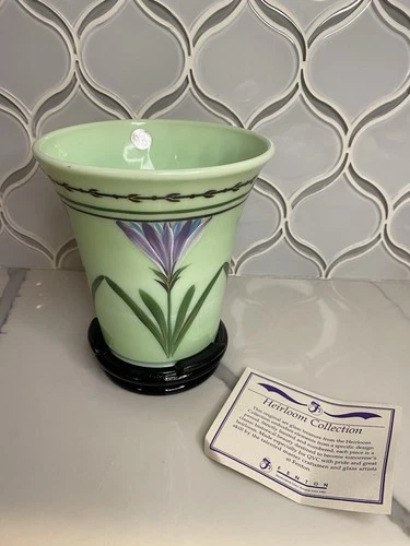 Rare Fenton Sea Green Floral Art Glass Vase. 6" Tall. Signed. Perfect Condition!