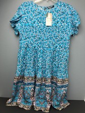 NWT BTFBM Boho Floral Dress Women’s Small Blue Short Sleeve Smocked Waist