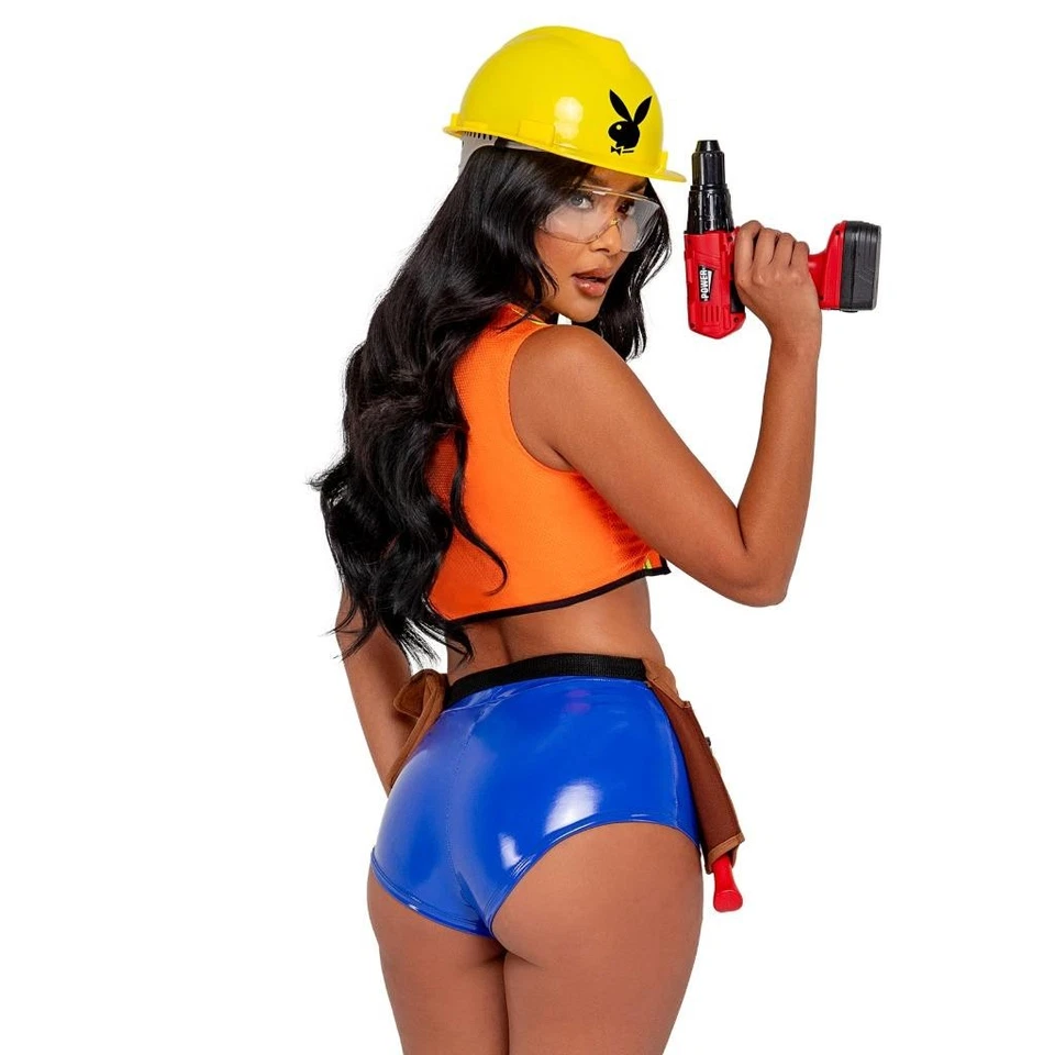 Playboy Construction Worker Costume Vest Shorts Tool Belt Hard Hat PB143D Small - Image 3 of 4