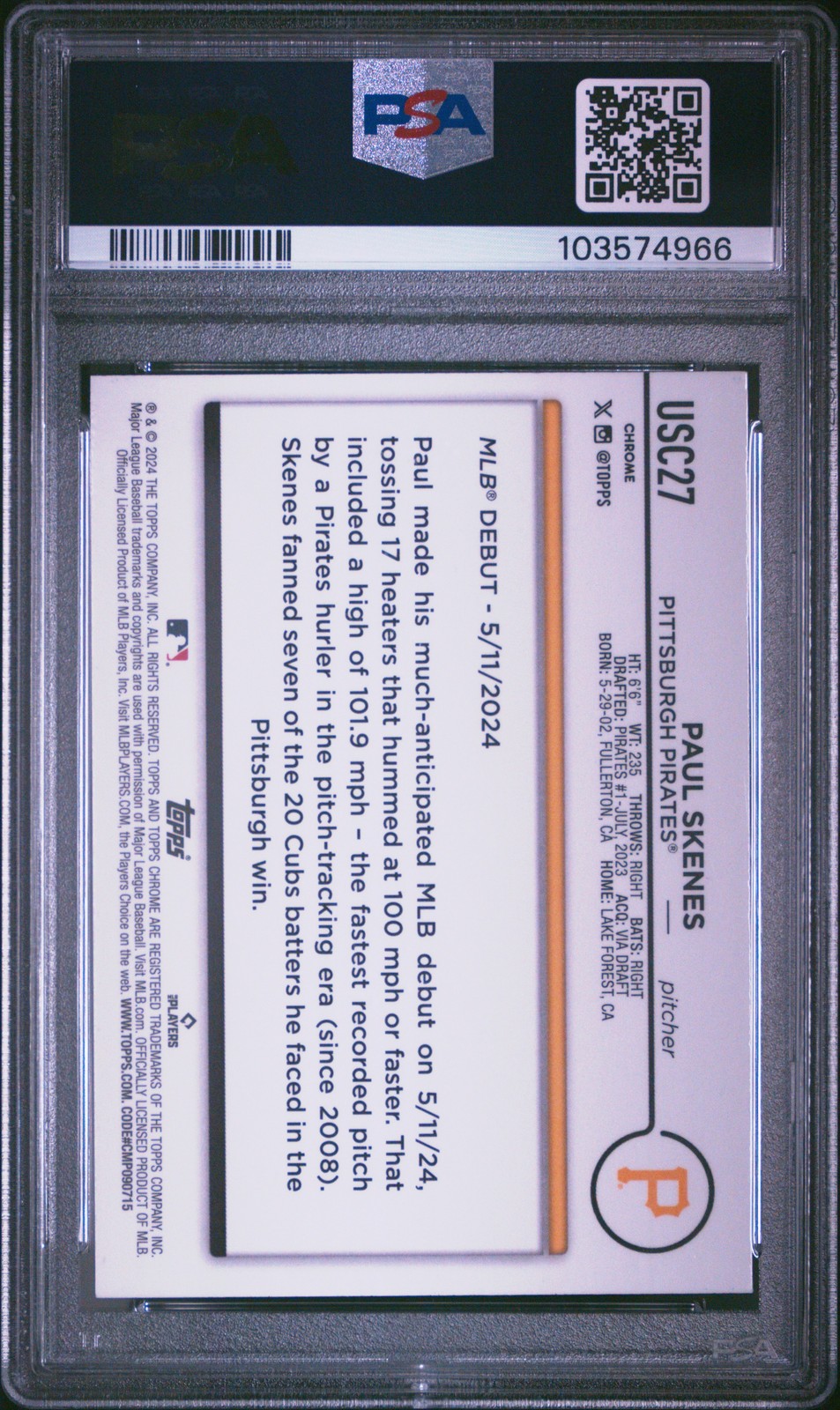 2024 TOPPS CHROME UPDATE #USC27 PAUL SKENES ROOKIE RC PSA 9 view 2
