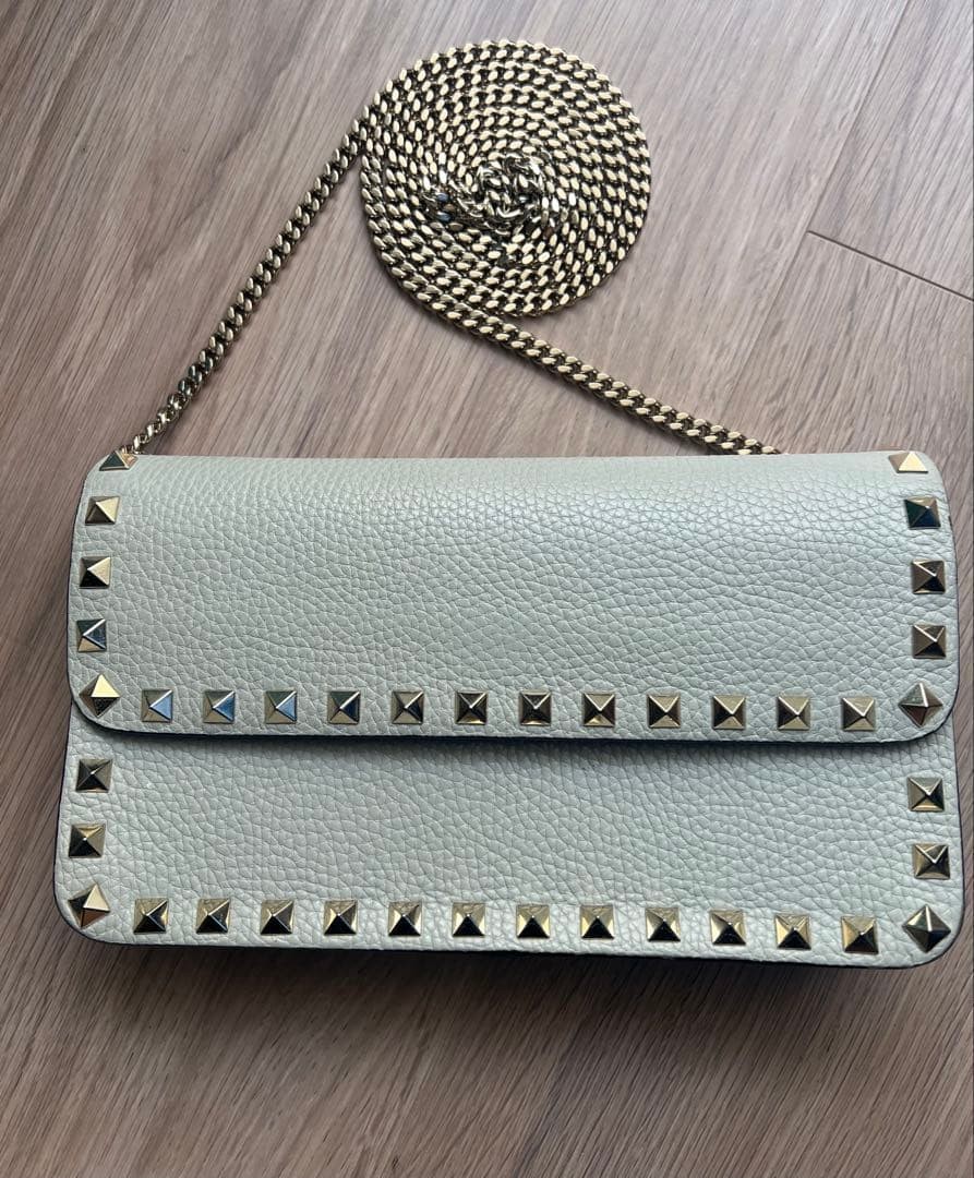 VALENTINO Women Rockstud Chain Wallet Shoulder Bag Beige Gray Leather from japan thumbnail 22