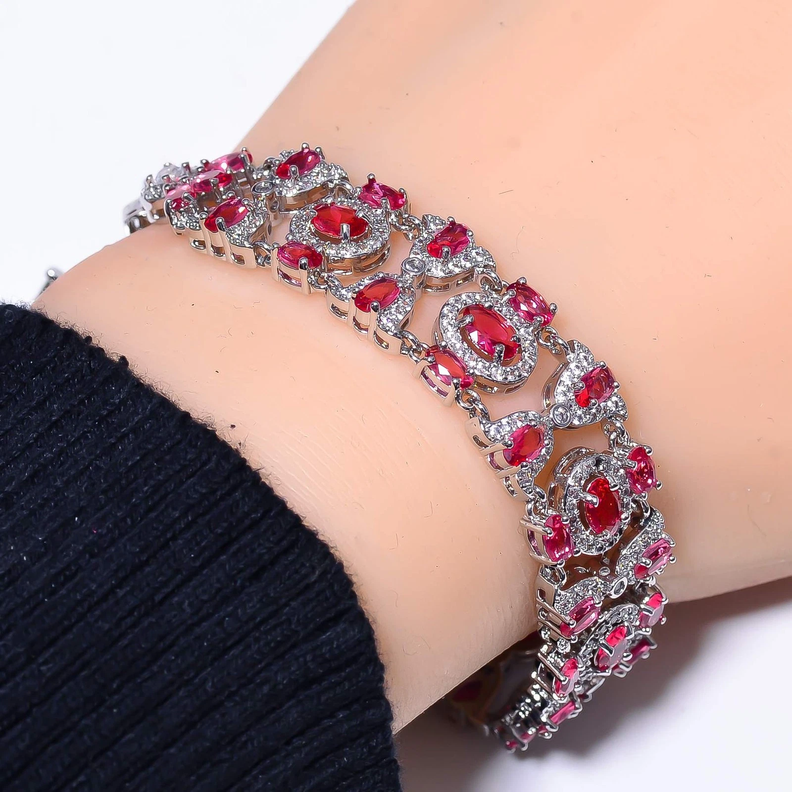 VALENTINO Bracciale Tennis Argento Sterling 925 Tormalina Rubellite Rosa e Zirconi 7 99" B7199