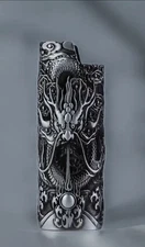 Vintage Dragon Metal Lighter Case Cover Fits Bic J6 Full Size Lighter Silver