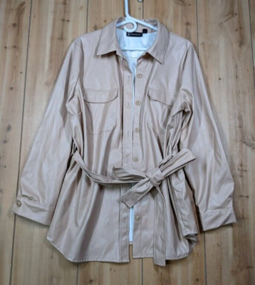 NY&C Faux Vegan Leather Shirt Jacket Shacket Beige Nude XL Belted Relaxed NWT