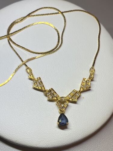 Vintage Diamond Sapphire 18K Yellow Gold Teardrop Necklace