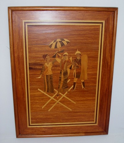 Rare Vintage Marquetry Inlay Wood Asian Art Dancers Malu Soldier 18x24 - Picture 3 of 6