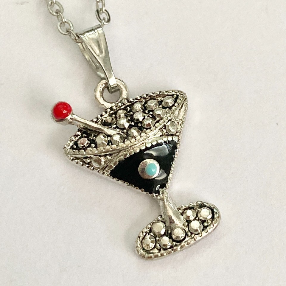 Martini Cocktail Drink Cup Glass Charm Necklace Pendant Black Enamel 18 ...