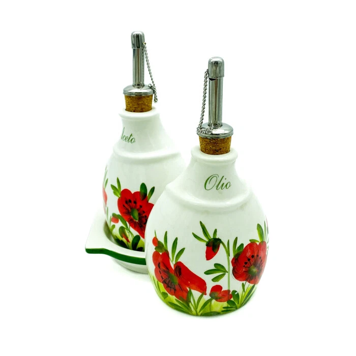 Bassano Ceramic Oil & Vinegar Bottles 17 Cm 0.25 L Poppy Flower Motif From Italy