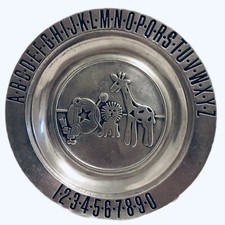 Vintage Pewtarex Pewter Plate Baby ABC Alphabet Number Animals 7.25  Decorative