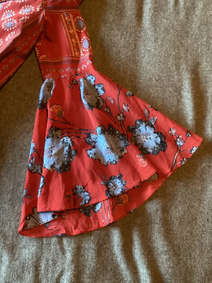 Vestido Vanessa Virginia Anthro Isabelle Rojo Seda Boho Estampado Mixto Mangas Campana 2 Foto 4 de 4