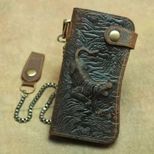 Crazy Horse Leather Men's Long Two-fold Wallet Chain Tiger Pattren Clutch Bag
