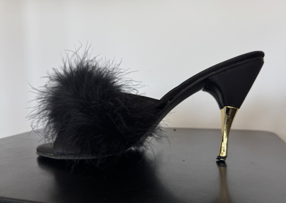 Vtg 70s Marabou Slippers Gold Tipped Heels Shoes Undercover Wear - Main Image