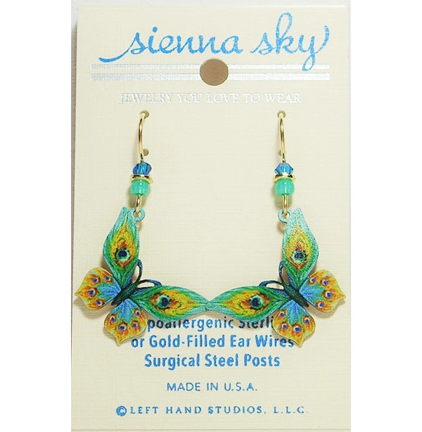 Sienna Sky Peacock Feather Butterfly Green & Yellow Pierced Earrings Made in USA - Image 2 of 4