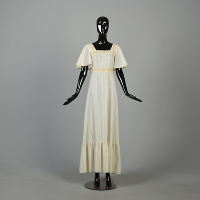 Small 1970s Maxi Dress Ivory Cream Cotton Flutter Sleeve Bohemian Wedding 