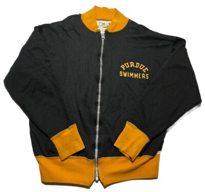 Vintage 60s Champion Purdue Track Jacket Size Large Black 2 Tone