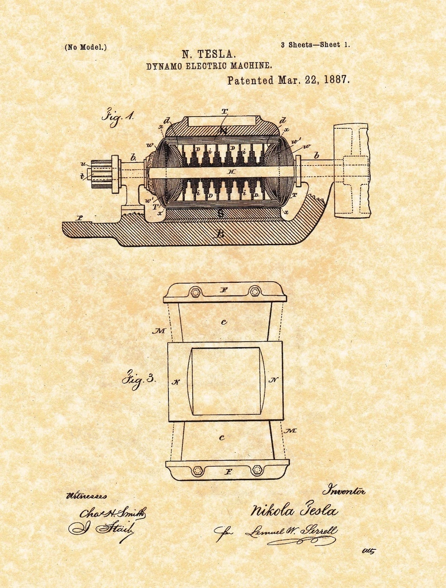 Patent Print - Nikola Tesla Dynamo Electric Machine 1887. Ready To Be Framed! | eBay