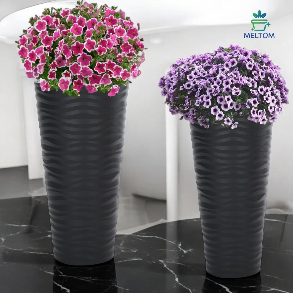 Hoher Pflanzkübel Slim Rund mit Einsatz – Wellen-Dekor, Kunststoff, bis 79 cm - Bild 2 von 4