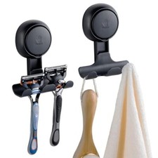 Suction Cup Razor Holder in Shower 2 Pack, Towel, Razor Hook, Round Black