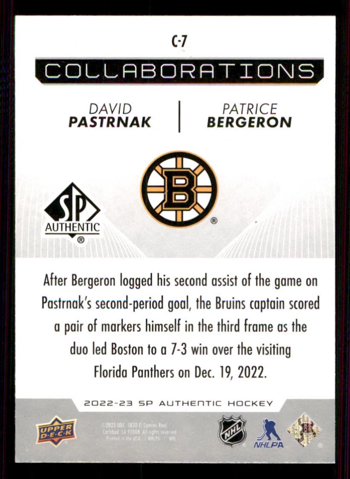2022-23 SP Authentic Collaborations #C7 David Pastrnak/Patrice Bergeron - Image 2 of 2