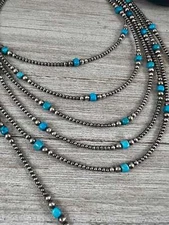 Turquoise graduated Sterling Silver Pearls Bead Necklace Oxidized Western Jewel