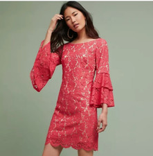 Eliza J Andressa Lace Dress Women's Size 4 Coral Bell Sleeves Back Zip