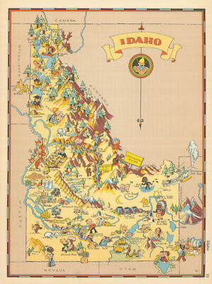 Idaho. Bildliche Staatskarte von Ruth Taylor White 1935 alte Vintage Karte