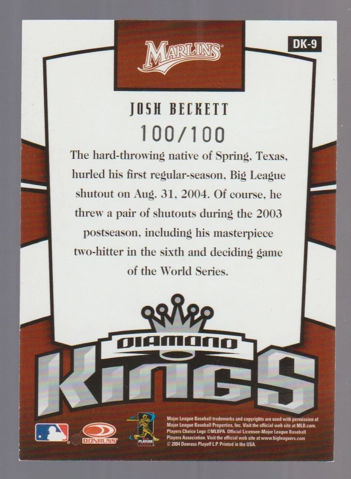 JOSH BECKETT Donruss Diamond Kings STUDIO SERIES BLACK #100/100 Bookends 1/1 SSP - Image 2 of 2