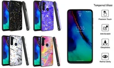 For Motorola Moto G Pro / Moto G8 Pro Marble Glitter Case Cover + Tempered Glass