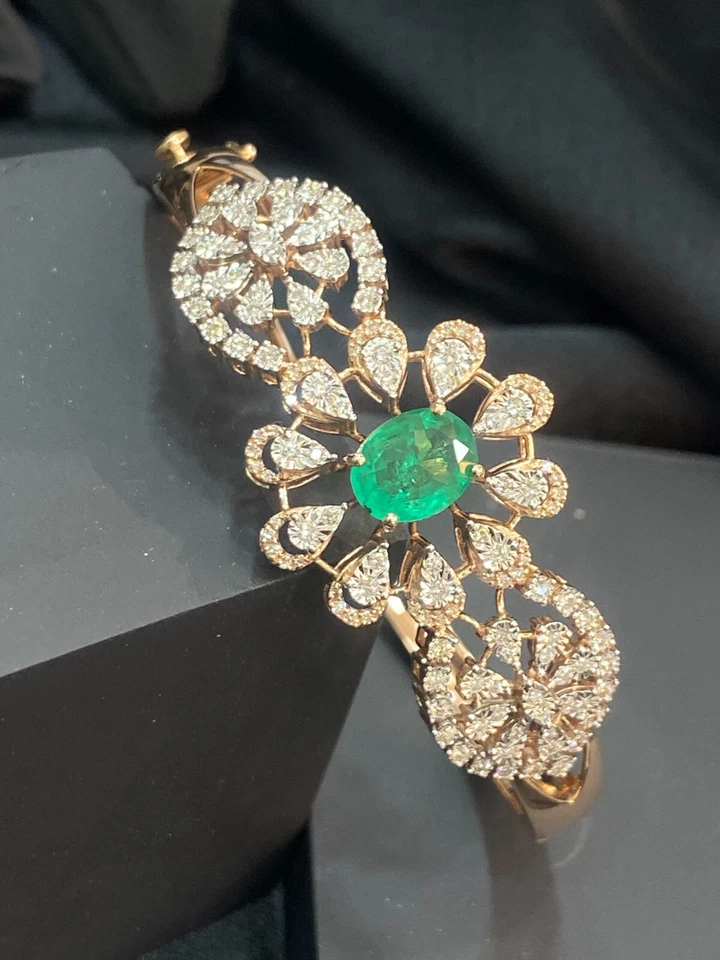 Pave 5,65 Cts Runde Brilliant Natürlich Diamanten Smaragd Armband In 14K Rotgold - Bild 3 von 4