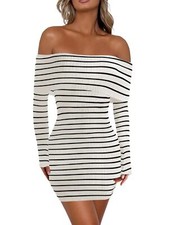 Wenrine Womens Off Shoulder Knit Mini Dress White Casual Bodycon Long Sleeve