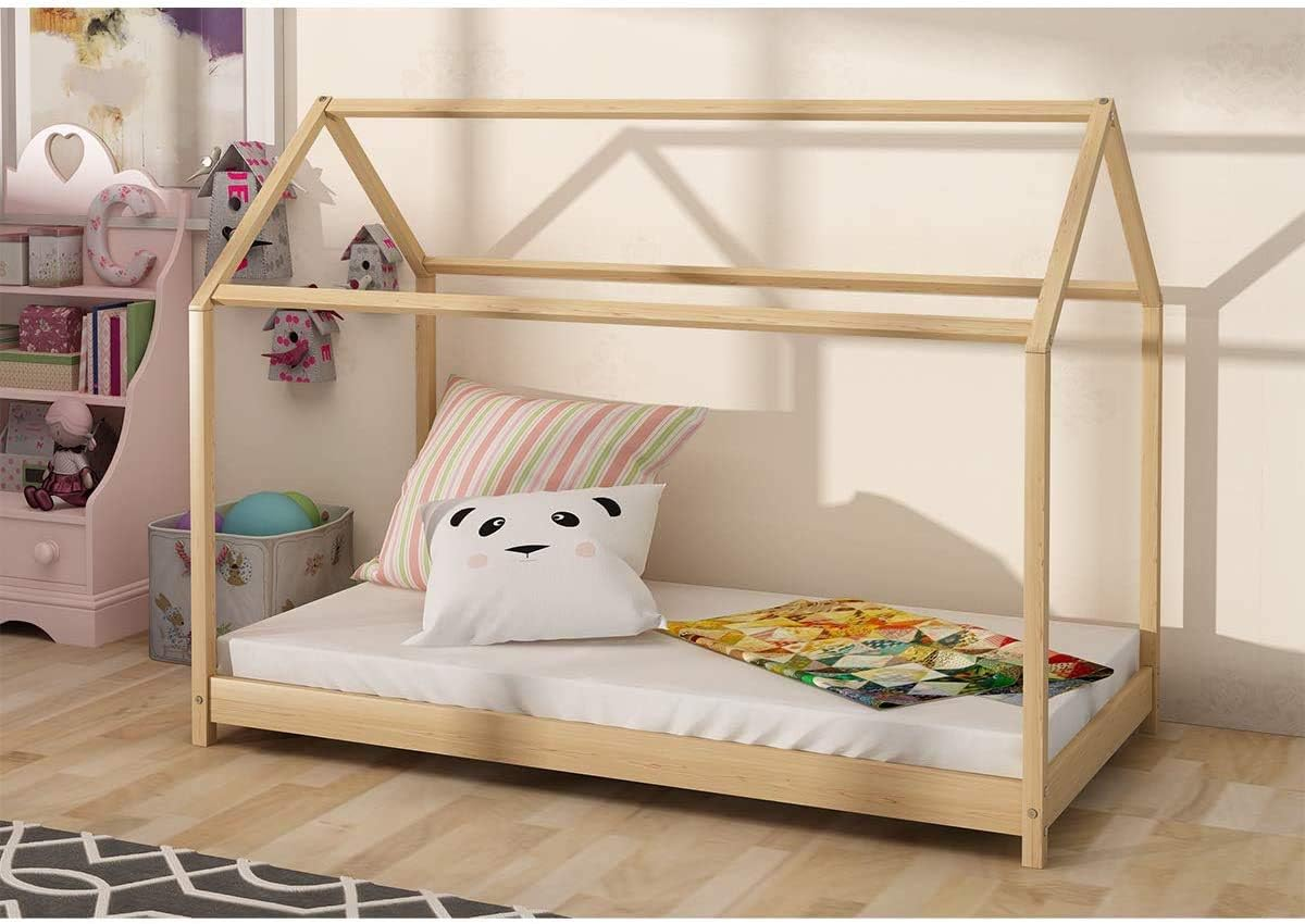 Kids House Bed Frame Wooden Montessori Floor Bed Solid Pine Treehouse Natural