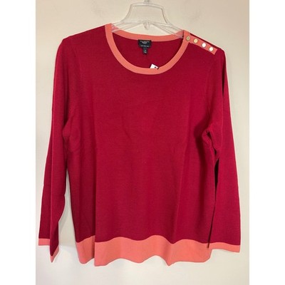 NEW Talbots Women 2X Red Coral Colorblock 100% Merino Wool Sweater Button