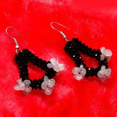 Natural Black Spinel with Moonstone Rhombus Dangle Earring 925 Silver Jewelry