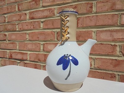 Vintage MCM Marshall Studios Pottery Carafe w Leather Cork Blue Flower