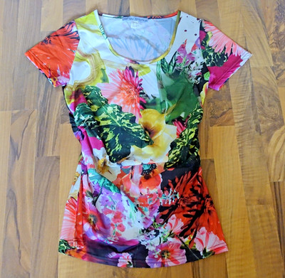 Ashley Brooke farbenfrohes Shirt Blumenmuster seitliche gesmogte Raffung Gr.40
