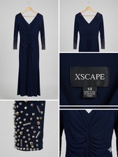 XSCAPE Navy Blue Embellished Sleeve Ruched Evening Gown Dress Size 14