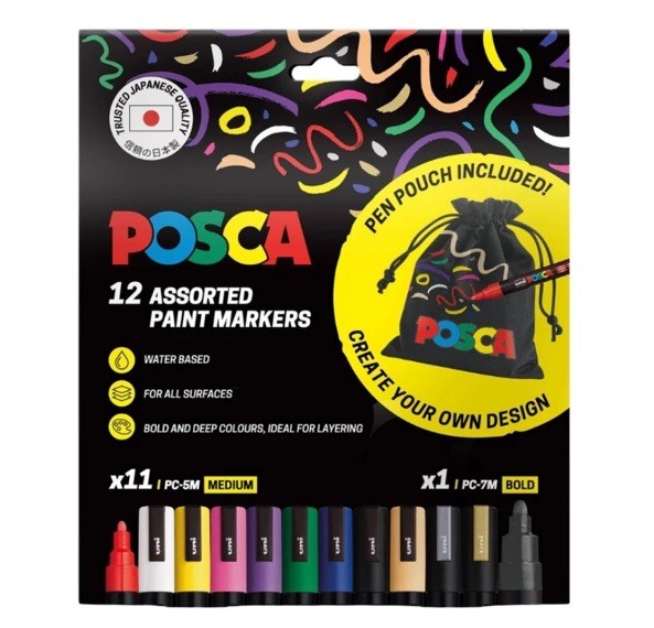 Uni-ball Posca Paint Marker Pens 12 + Pen Pouch Bag 11 x PC-5M 1 x PC-7M Bold