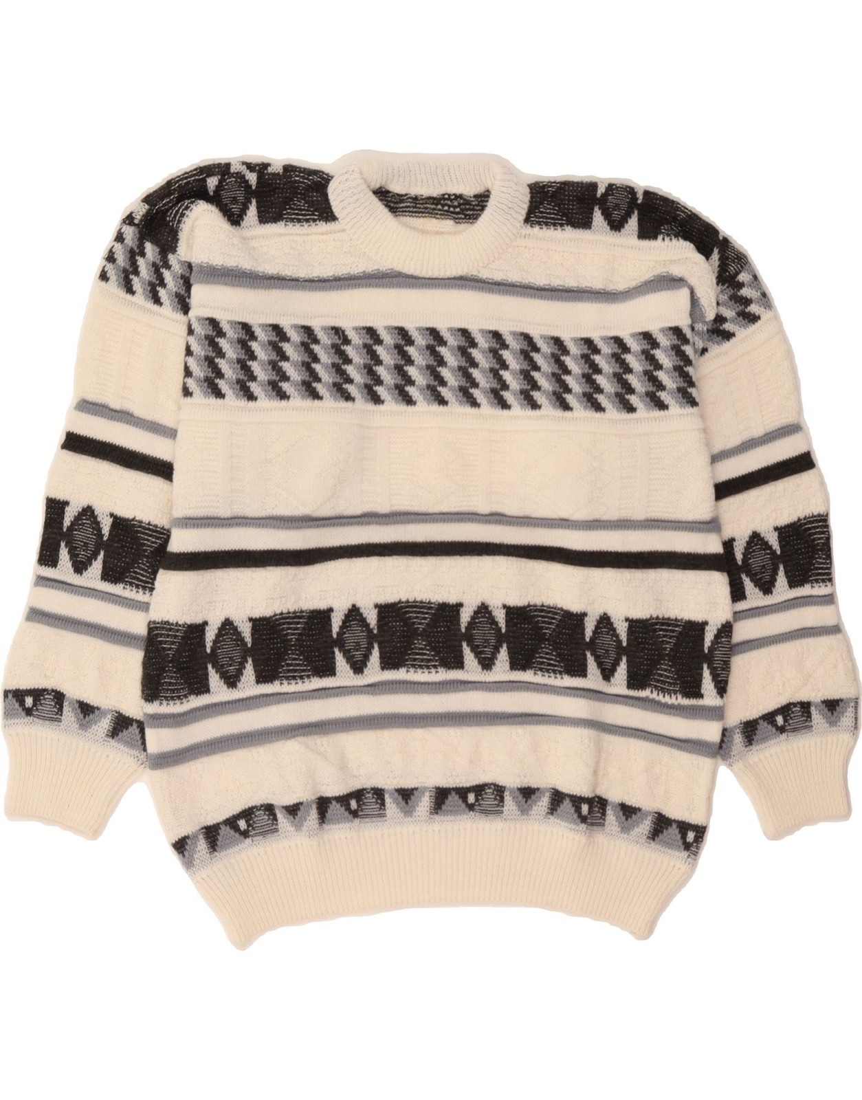 VINTAGE Mens Crew Neck Jumper Sweater Medium Off White Striped DG70