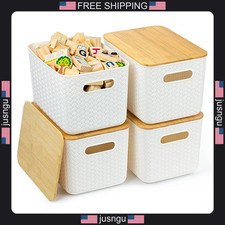 Stackable Storage Bins with Bamboo Lids, 4 Pack, Plastic Organizer Boxes