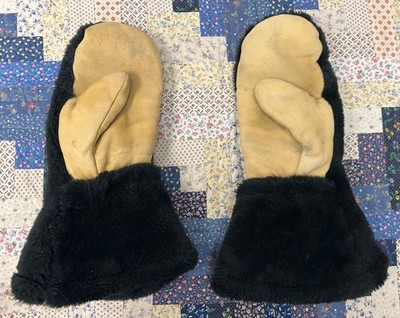 Vintage Uber Black & Brown Faux Fur Real Leather Palm Chopper-Style Mittens