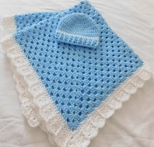 Crochet BABY BLANKET AFGHAN Granny Square 33"x 33" Blue White Handmade New