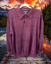 Jantzen Men's L Burgundy w Blue Stripe Long Sleeve Knit Polo, Collared Button
