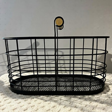 Black Rectangular Metal Wire Storage Basket w/ Wood Handle, 11 x 7 x 8 in