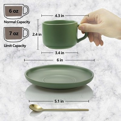 6 Ounce Porcelain Coffee Cups With Saucer Spoon Espresso Latte Green | eBay