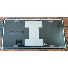 University of Illinois Fighting Illini License Plate Black Metal Silver I Logo
