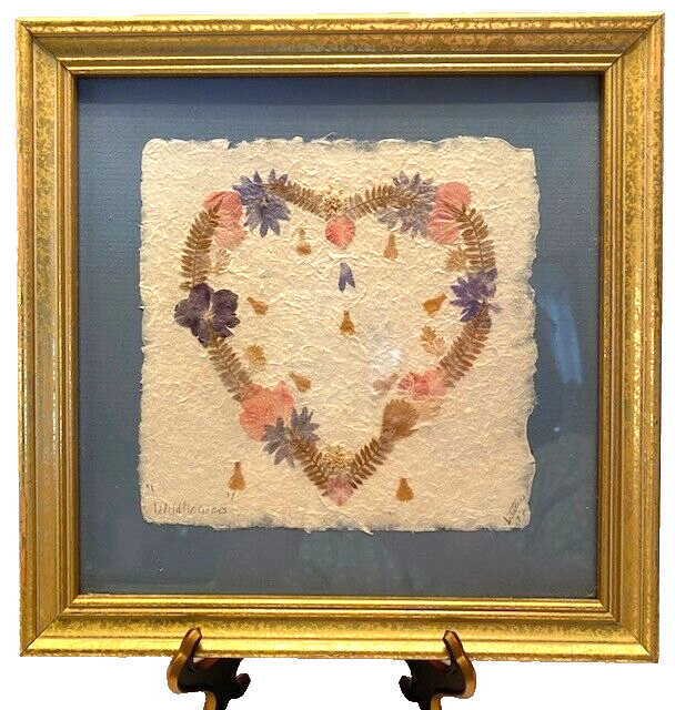 Vtg. Cottage Blue/Pink Heart "Wildflower" Dried Flower Square Gold Frame Art