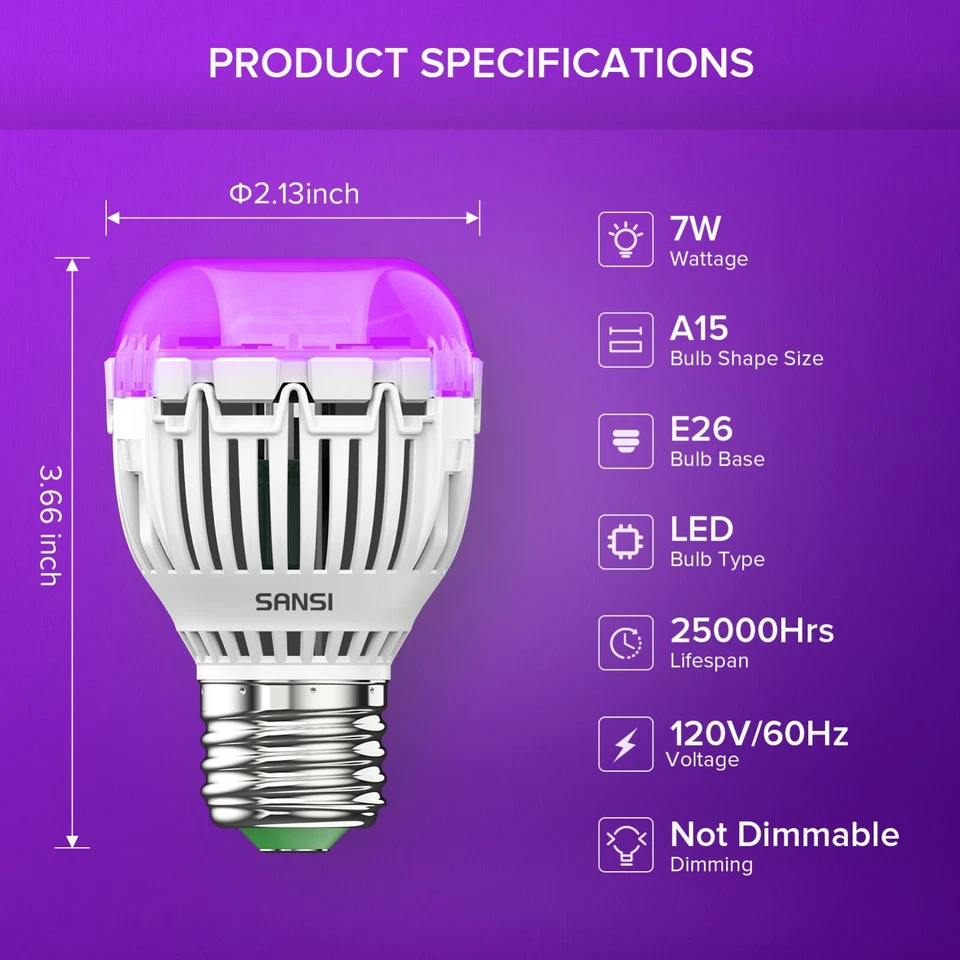 SANSI UV Bulb 7W Glow in the Dark LED Blacklight Bulb Neon Ultraviolet Efficient - Image 3 of 4