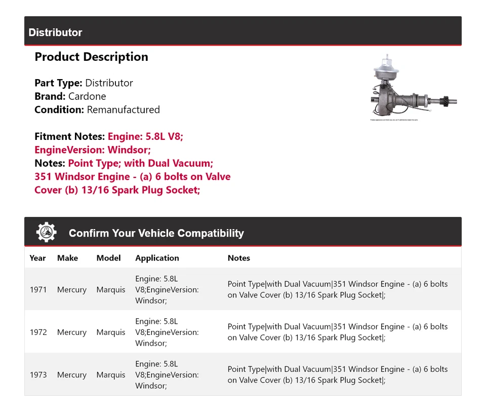 Para 1971-1973 Mercury Marquis 5,8 L V8 Distribuidor Cardone 1972 Foto 2 de 4